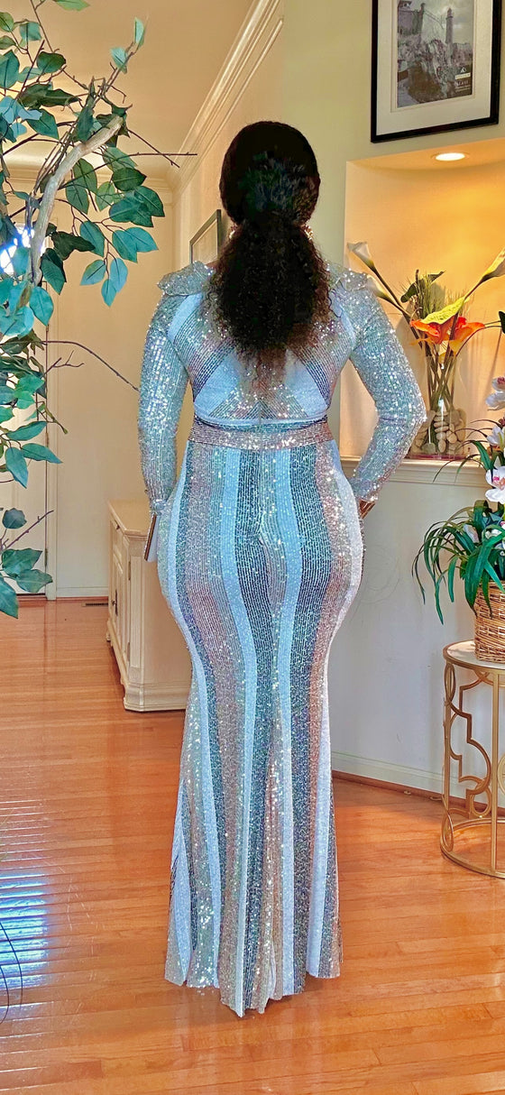 MULTI SQUINS LONGSLEEVE MAXI DRESS(MULTI SILVER)