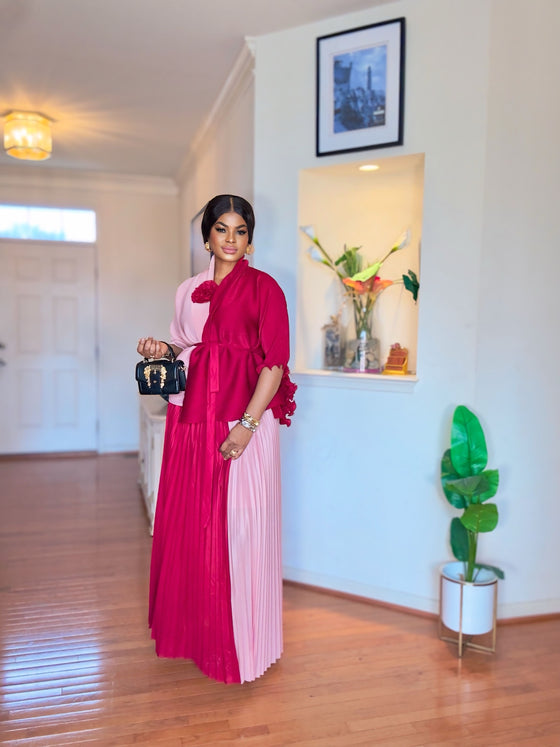 Two-Tone Rose MIYAKI Pleated Skirt Set(Pink-Wine)