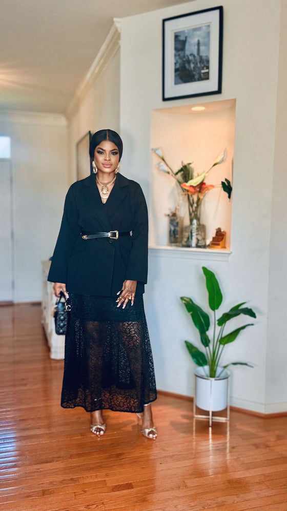 Belted Suit & Lace Skirt Set – Black Elegance