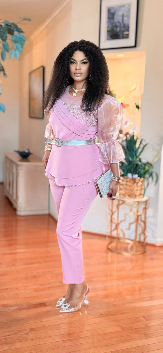 2 piece Short sleeved peplum pant set(pink)