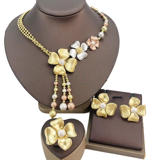 24K THREE TONE FLOWER GOLD JEWELRY SET