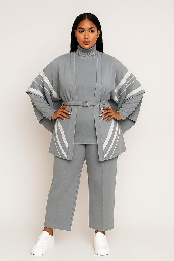 Luxe Belted Knit 3-Piece Set – Gray Elegance