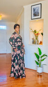 Floral Elegance Pleated Maxi Dress with Rhinestone Belt