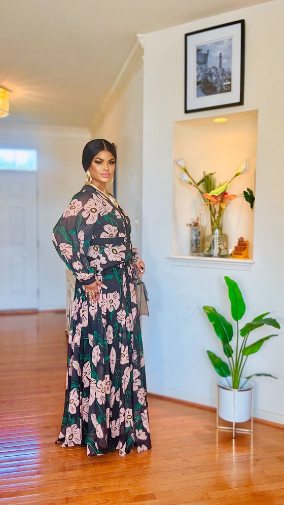 Floral Elegance Pleated Maxi Dress with Rhinestone Belt