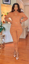 COLORED RHINESTONE-BROWN JOGGER KNIT SET(BROWN)