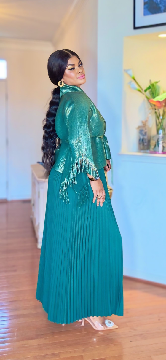 Emerald Luxe MIYAKI Pleated Skirt Set