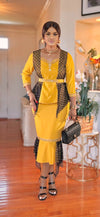 3 piece belted top /flare skirt set(mustard-black)