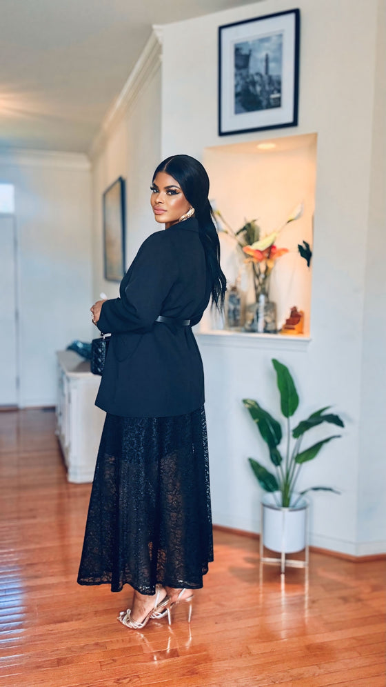 Belted Suit & Lace Skirt Set – Black Elegance