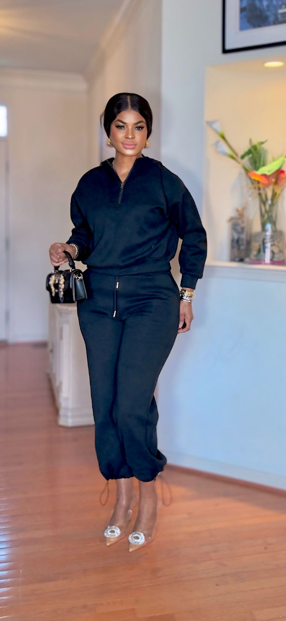 Black Luxe Half-Zip Jogger Set(Black)