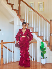  Burgundy Royal Ruffle Couture Gown