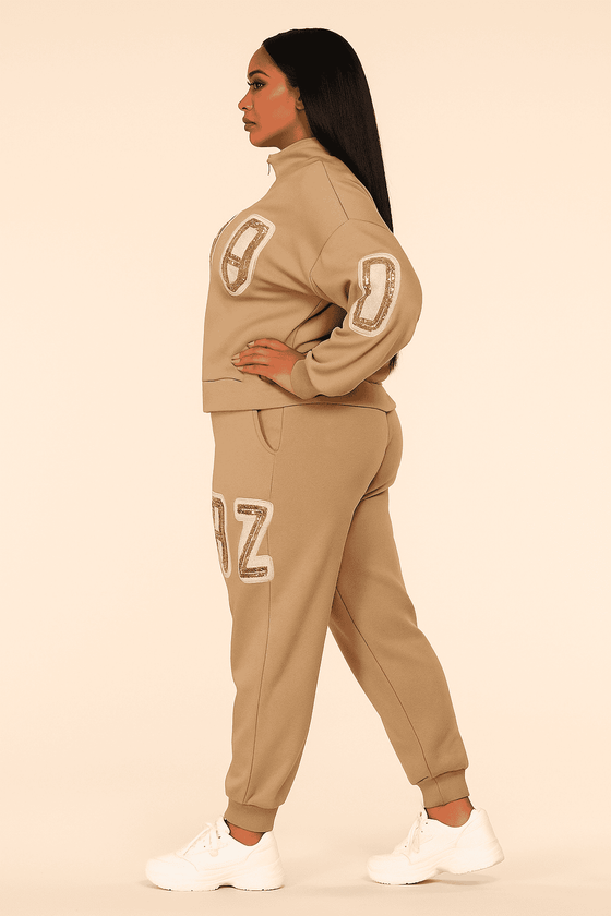 Glam Varsity Sequin Jogger Set(Tan/Back)