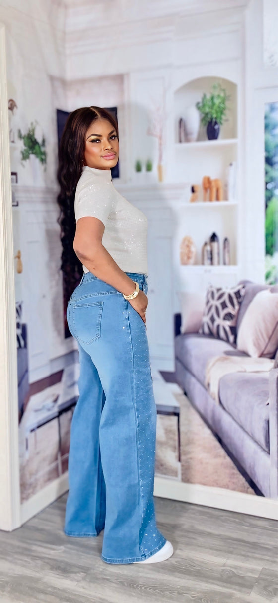 Crystal Heart Rhinestone Wide-Leg Denim(BOTTOM)