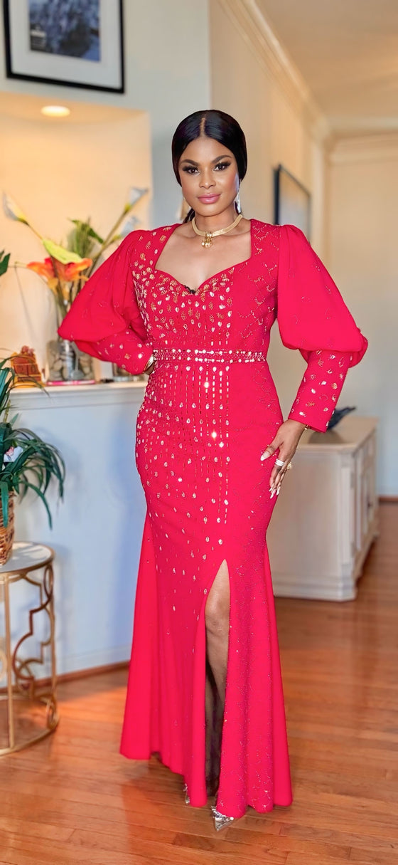 RHINESTONE PUFFY SLEEVES SIDE SLIT MAXI DRESS(RED)