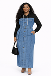 Urban Denim Hoodie Maxi Dress(Black)