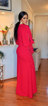 RHINESTONE PUFFY SLEEVES SIDE SLIT MAXI DRESS(RED)