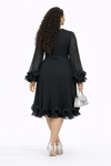 Regal Petal Long-Sleeve Midi Dress(Black)
