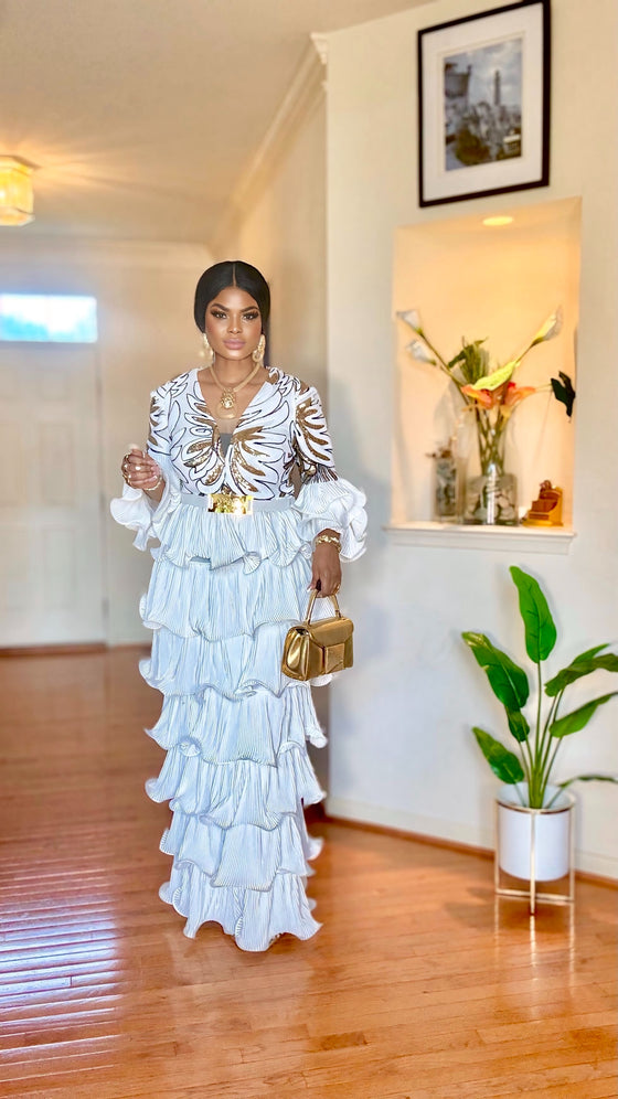 Gold /White Appliqué RhinestonesRuffle Maxi Dress ✨