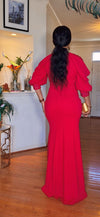 RHINESTONE/RUCHED FRONT SLIT MAXI DRESS(RED)