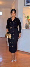 Royal Button Knit Belted Dress(Black)