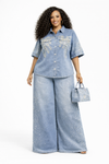 Crystal Glow Denim Palazzo Set