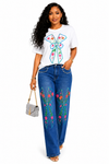 Floral Bow Rhinestone Denim Pant Set