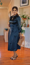 LONGSLEEVE SATIN MIDI DRESS(BLACK)