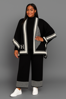  Black & White Houndstooth Trim Knit 3-Piece Sweater Set