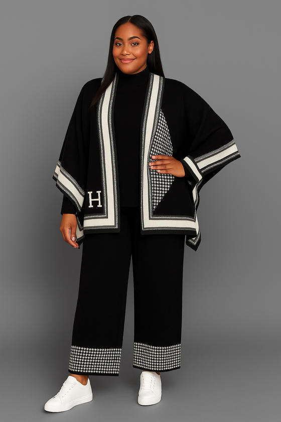 Black & White Houndstooth Trim Knit 3-Piece Sweater Set
