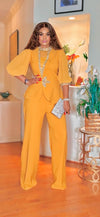 SHORTSLEEVED RHINESTONE PALAZZO PANT SET(MUSTARD)