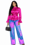 Pink/Blue Flame Studded Wide-Leg Denim(Bottom)