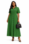Classic Button-Front Maxi Shirt Dress(Lemon green)