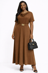 Luxe Draped Belted Maxi Dress(Brown)