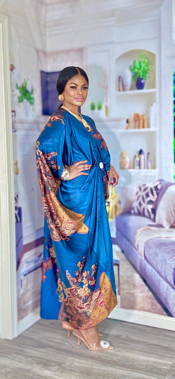 Luxe Royal Satin Kaftan Dress(skyblue/Brown)