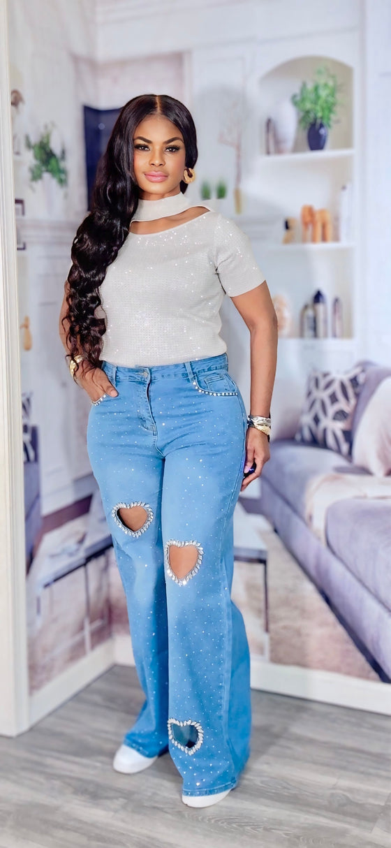 Crystal Heart Rhinestone Wide-Leg Denim(BOTTOM)