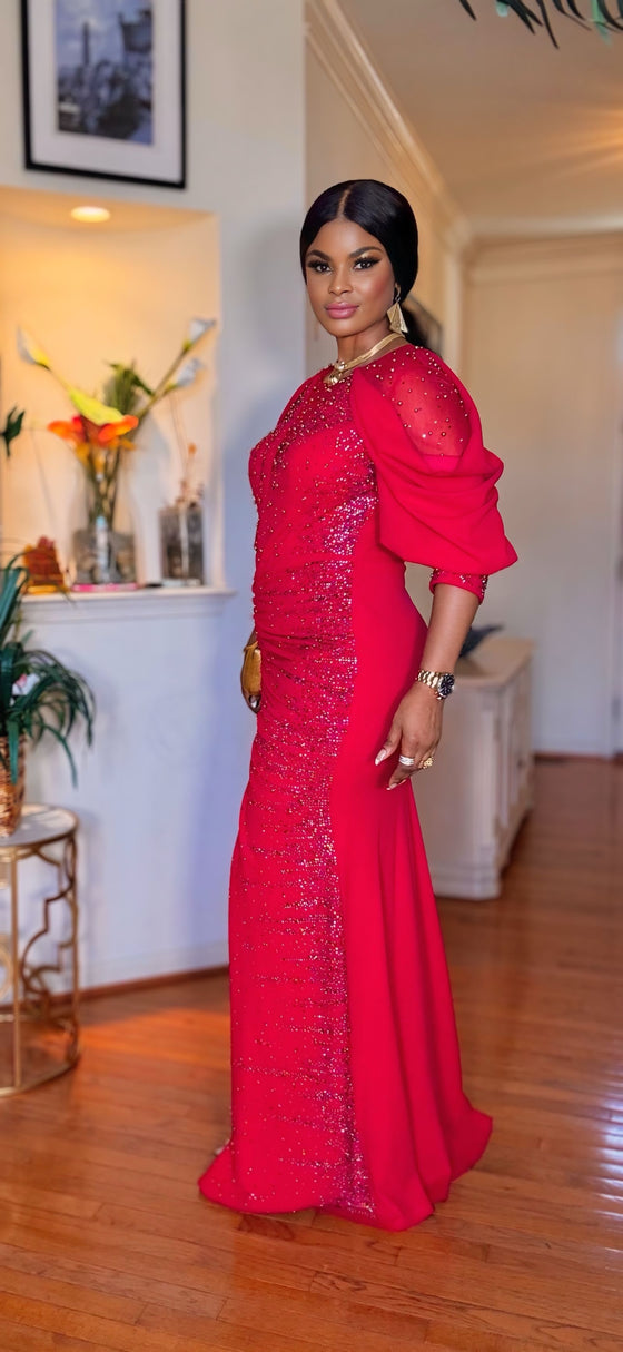 RHINESTONE/RUCHED FRONT SLIT MAXI DRESS(RED)