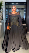 Royal Bee Queen Couture Cape Maxi Gown – Black