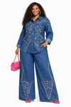 Gemstone Royalty  palazzo Denim pant Set(Blue)