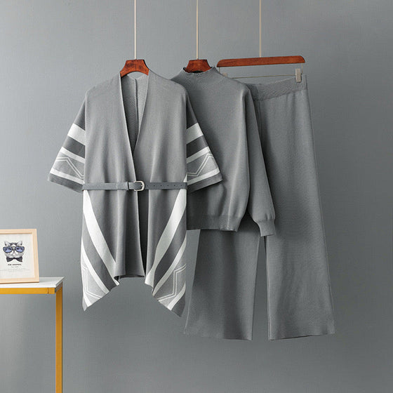 Luxe Belted Knit 3-Piece Set – Gray Elegance