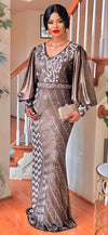 COUTURE EMBELLISHED PUFF SLEEVE FLOOR LENGTH DRESS(BROWN)