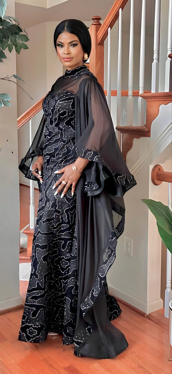 COUTURE DRAMATIC SLEEVE MAXI DRESS(BLACK)
