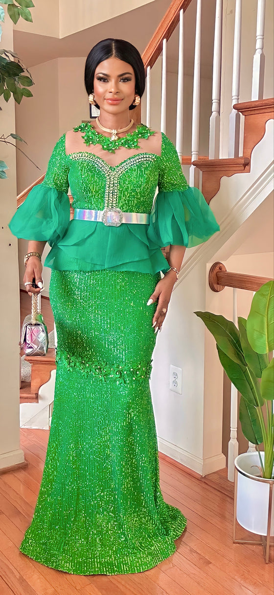 COUTURE SEQUINS BELTED DRESS(Green/Lime)