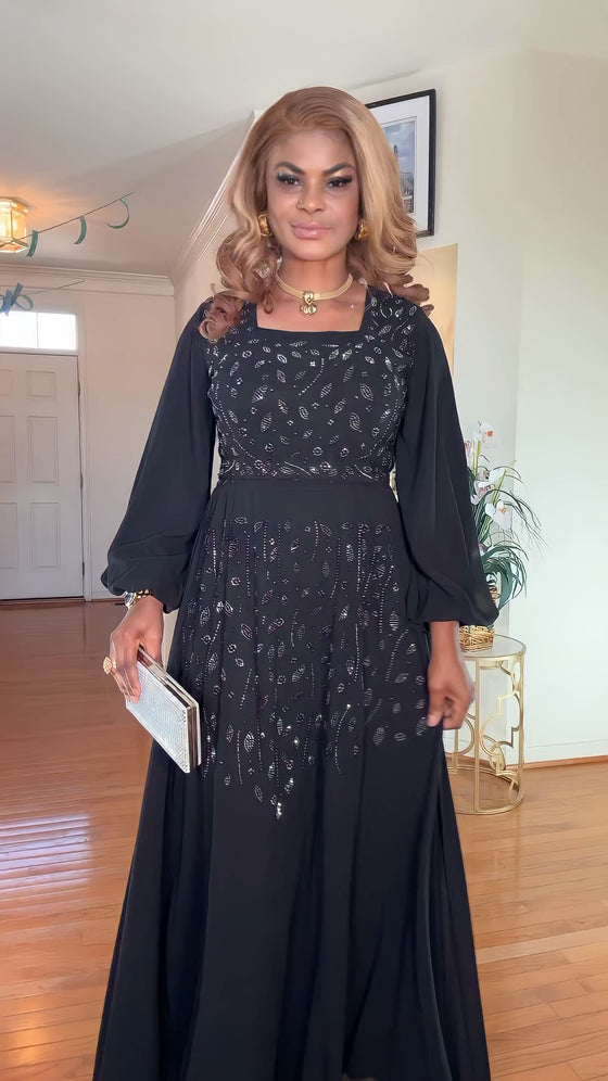 Rhinestone-Belted Long sleeve maxi dress(BLACK)