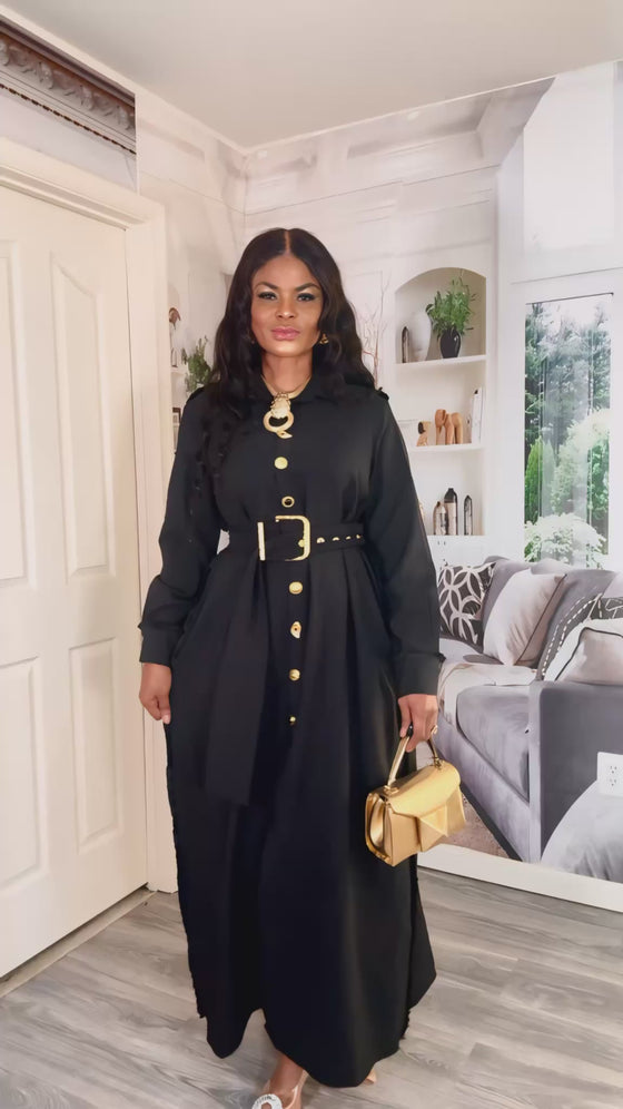 Elegant Button-Down Belted Maxi Dress (Black)