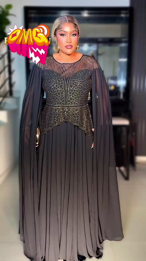 Royal Bee Queen Couture Cape Maxi Gown – Black