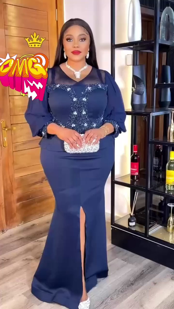 Midnight Elegance Pearl-Embellished Maxi Dress – Navy | Made in Turkey