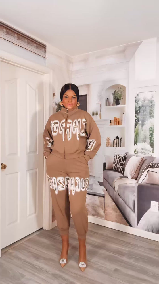 Glam Varsity Sequin Jogger Set(Tan)