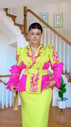 Lime & Fuchsia Rhinestone Couture Puff Sleeve Skirt Set