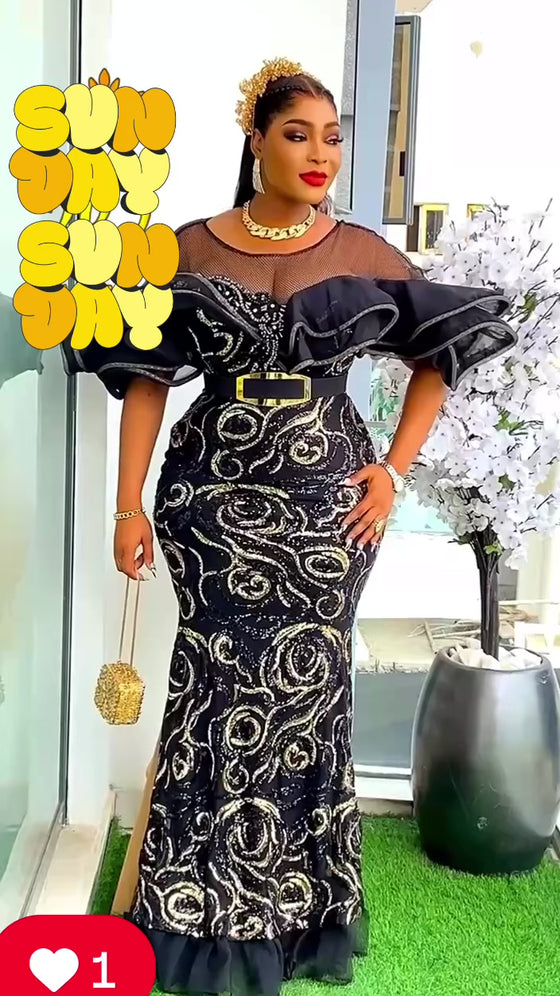 Black/Gold Royal Ruffle Couture Maxi Dress