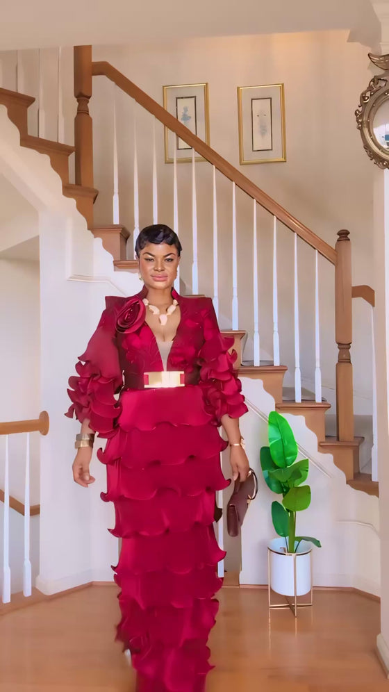 Burgundy Royal Ruffle Couture Gown