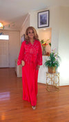 RHINESTONE BELTED LONG-SLEEVE MAXI DRESS (RED)